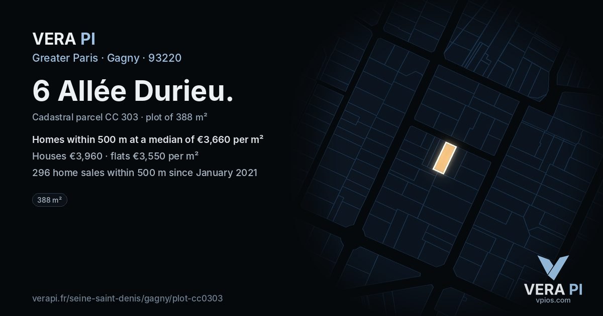 6 Allée Durieu, Gagny at night – the plot lit, the parcels around coloured by the prices near them