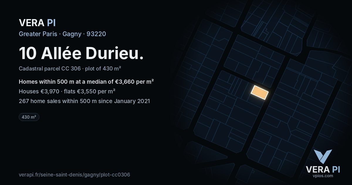 10 Allée Durieu, Gagny at night – the plot lit, the parcels around coloured by the prices near them