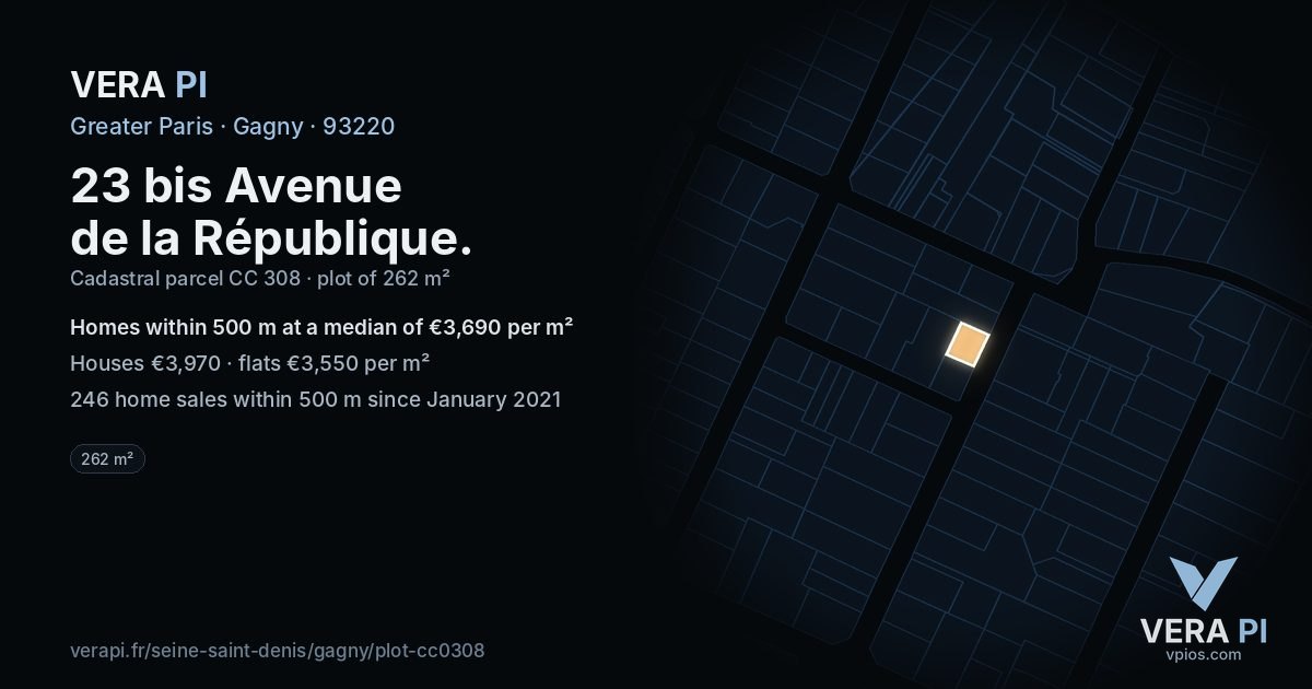 23 bis Avenue de la République, Gagny at night – the plot lit, the parcels around coloured by the prices near them