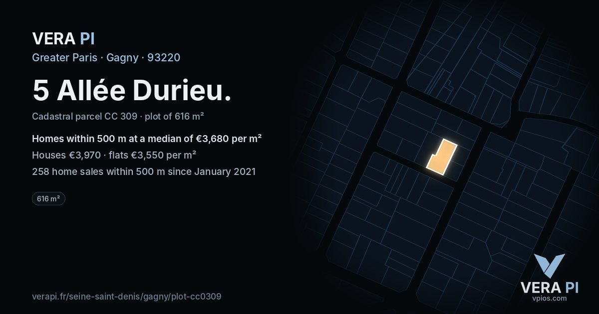 5 Allée Durieu, Gagny at night – the plot lit, the parcels around coloured by the prices near them
