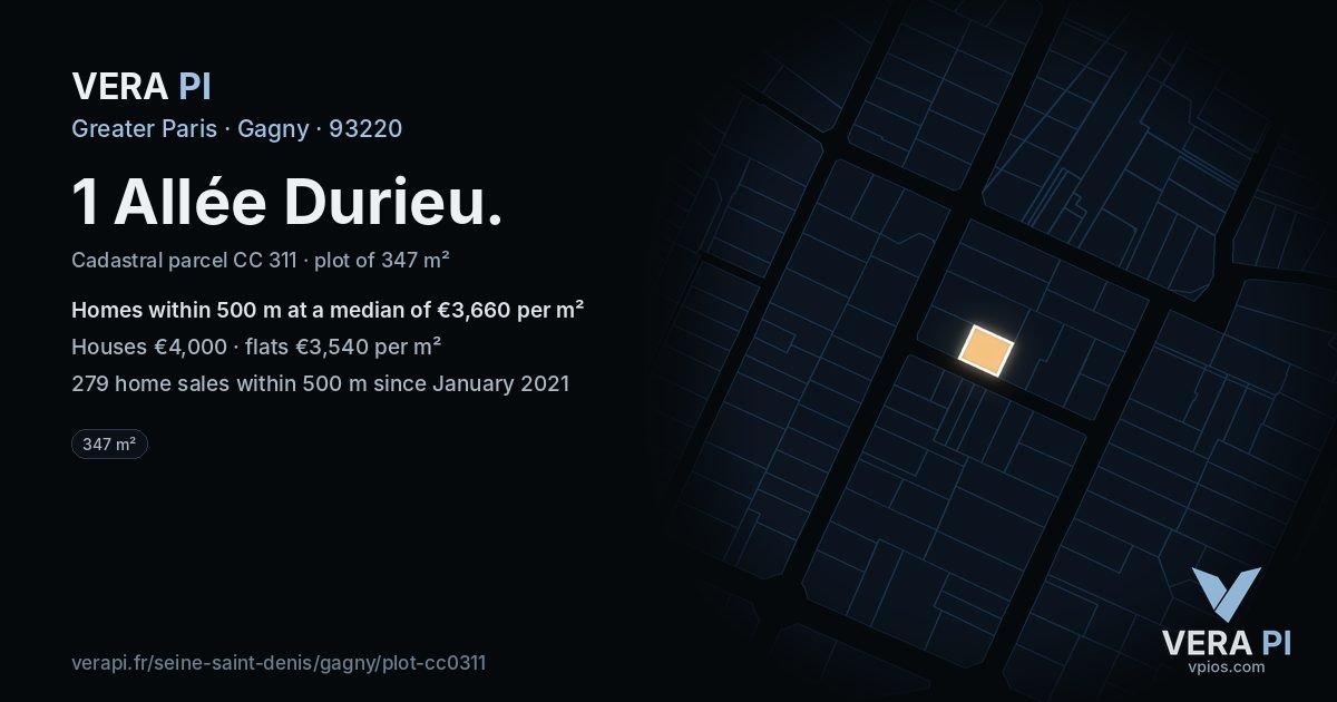 1 Allée Durieu, Gagny at night – the plot lit, the parcels around coloured by the prices near them