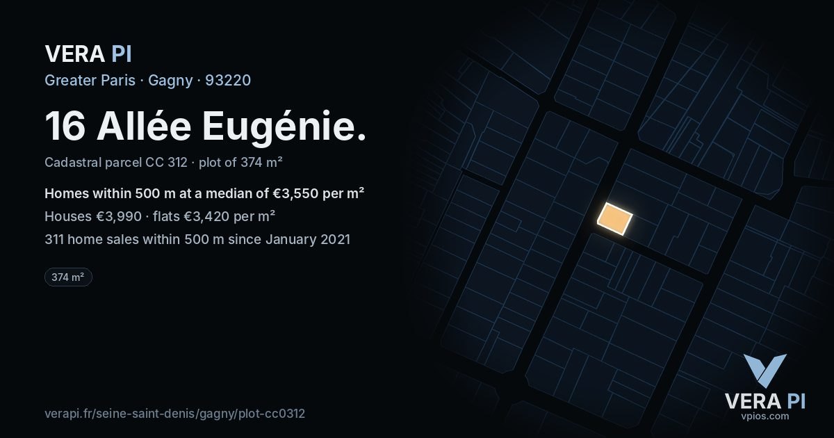 16 Allée Eugénie, Gagny at night – the plot lit, the parcels around coloured by the prices near them