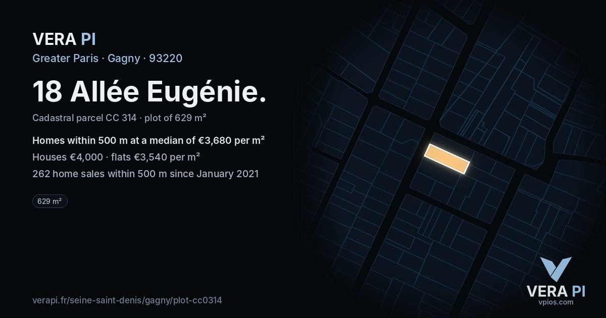 18 Allée Eugénie, Gagny at night – the plot lit, the parcels around coloured by the prices near them