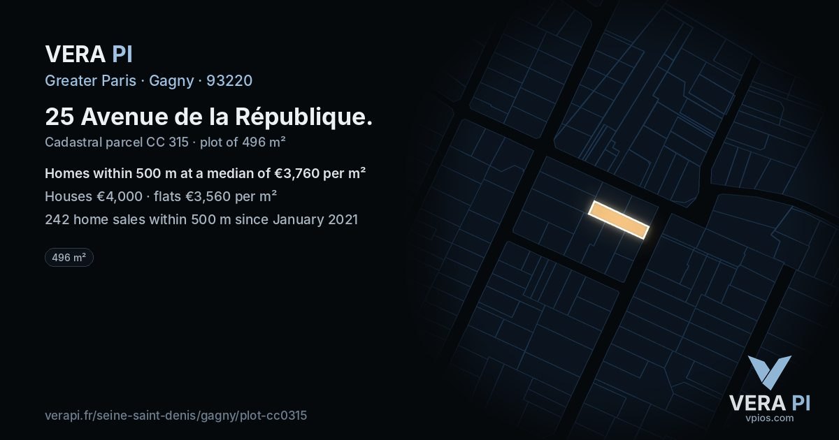 25 Avenue de la République, Gagny at night – the plot lit, the parcels around coloured by the prices near them
