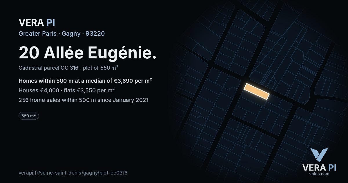 20 Allée Eugénie, Gagny at night – the plot lit, the parcels around coloured by the prices near them