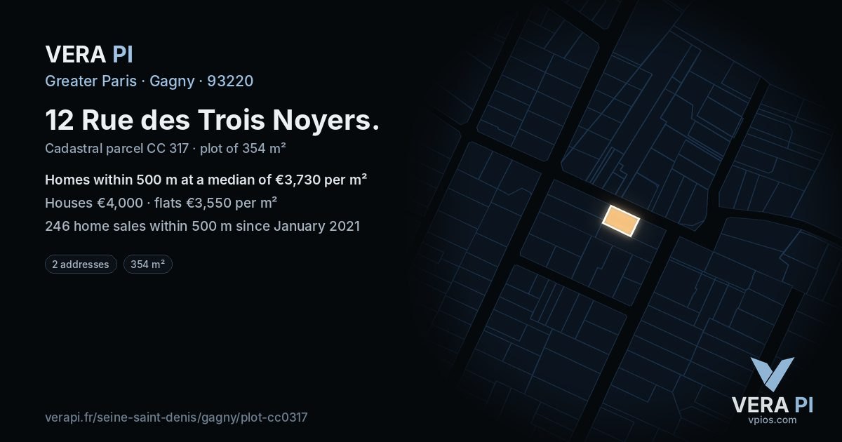 12 Rue des Trois Noyers, Gagny at night – the plot lit, the parcels around coloured by the prices near them