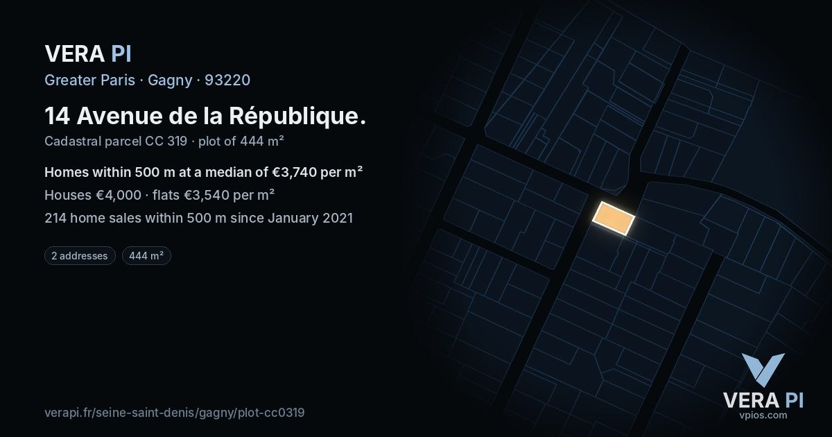 14 Avenue de la République, Gagny at night – the plot lit, the parcels around coloured by the prices near them