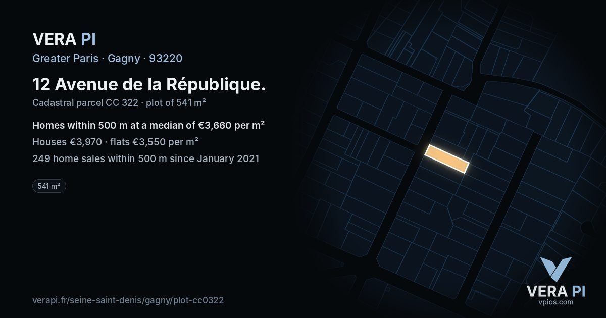 12 Avenue de la République, Gagny at night – the plot lit, the parcels around coloured by the prices near them