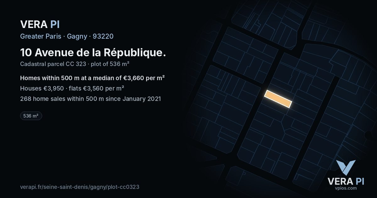 10 Avenue de la République, Gagny at night – the plot lit, the parcels around coloured by the prices near them