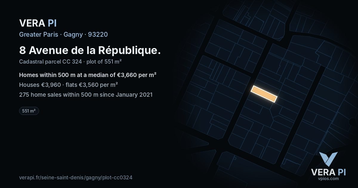8 Avenue de la République, Gagny at night – the plot lit, the parcels around coloured by the prices near them