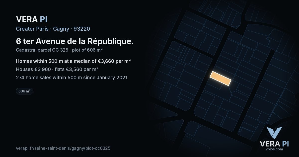6 ter Avenue de la République, Gagny at night – the plot lit, the parcels around coloured by the prices near them