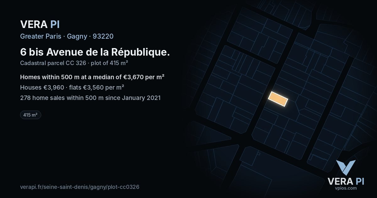 6 bis Avenue de la République, Gagny at night – the plot lit, the parcels around coloured by the prices near them