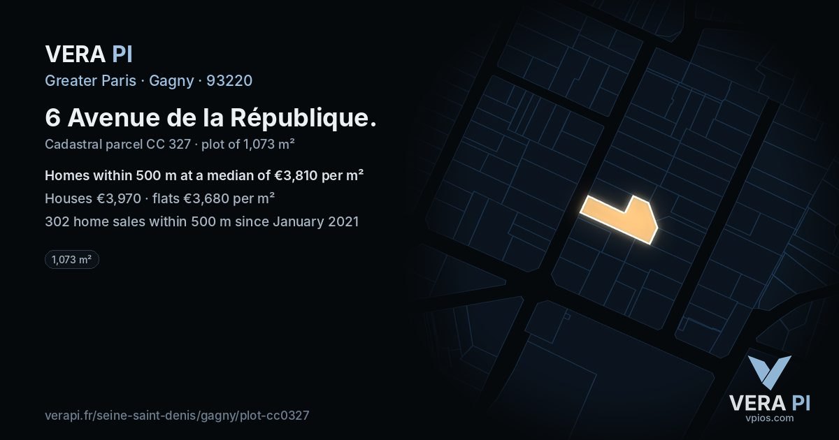 6 Avenue de la République, Gagny at night – the plot lit, the parcels around coloured by the prices near them