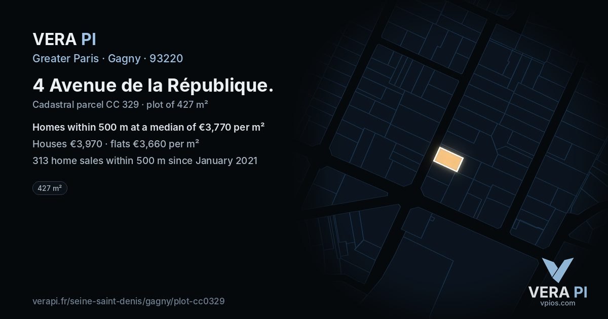 4 Avenue de la République, Gagny at night – the plot lit, the parcels around coloured by the prices near them
