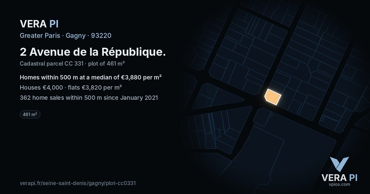 2 Avenue de la République, Gagny at night – the plot lit, the parcels around coloured by the prices near them