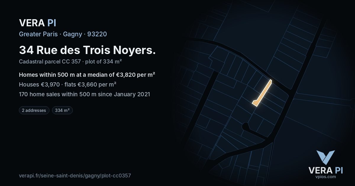 34 Rue des Trois Noyers, Gagny at night – the plot lit, the parcels around coloured by the prices near them