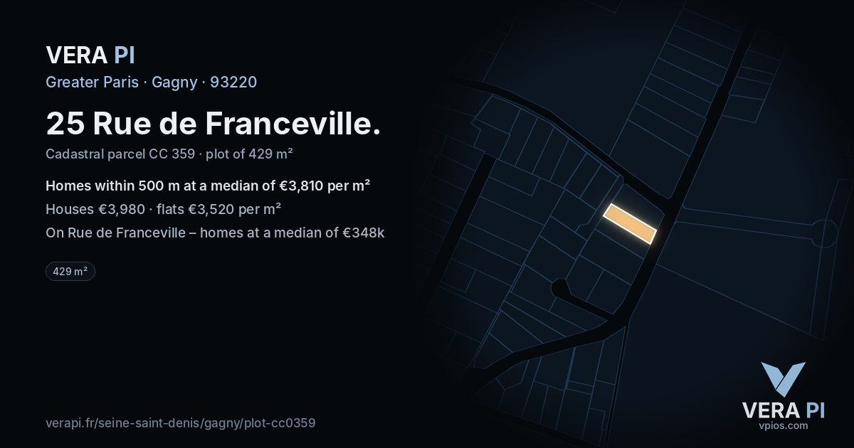 25 Rue de Franceville, Gagny at night – the plot lit, the parcels around coloured by the prices near them
