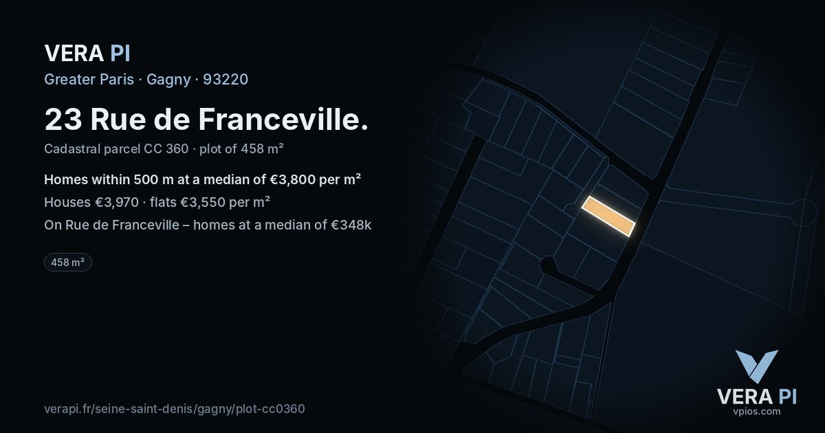 23 Rue de Franceville, Gagny at night – the plot lit, the parcels around coloured by the prices near them