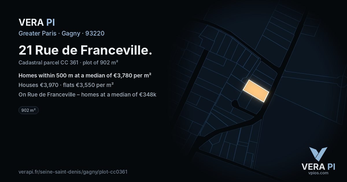 21 Rue de Franceville, Gagny at night – the plot lit, the parcels around coloured by the prices near them