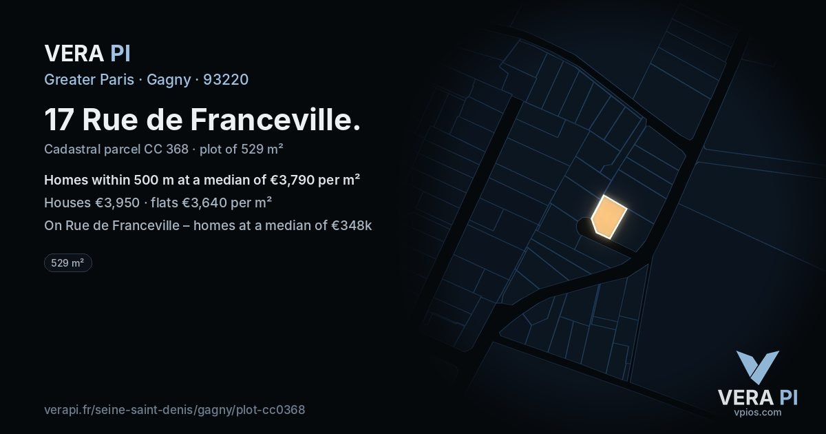 17 Rue de Franceville, Gagny at night – the plot lit, the parcels around coloured by the prices near them