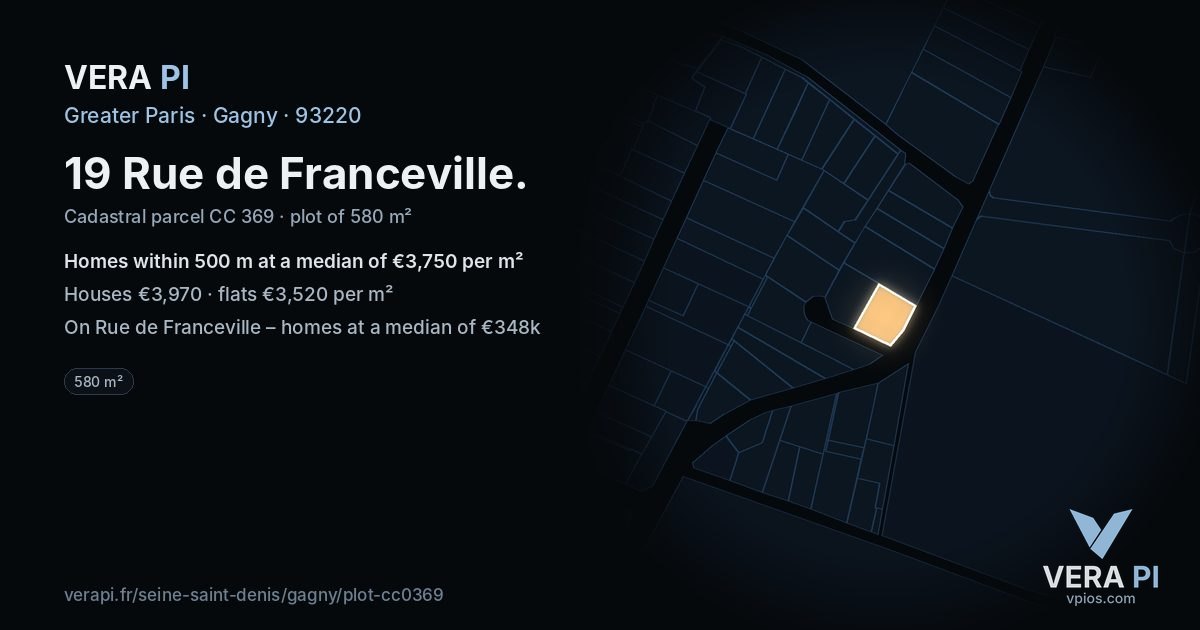 19 Rue de Franceville, Gagny at night – the plot lit, the parcels around coloured by the prices near them