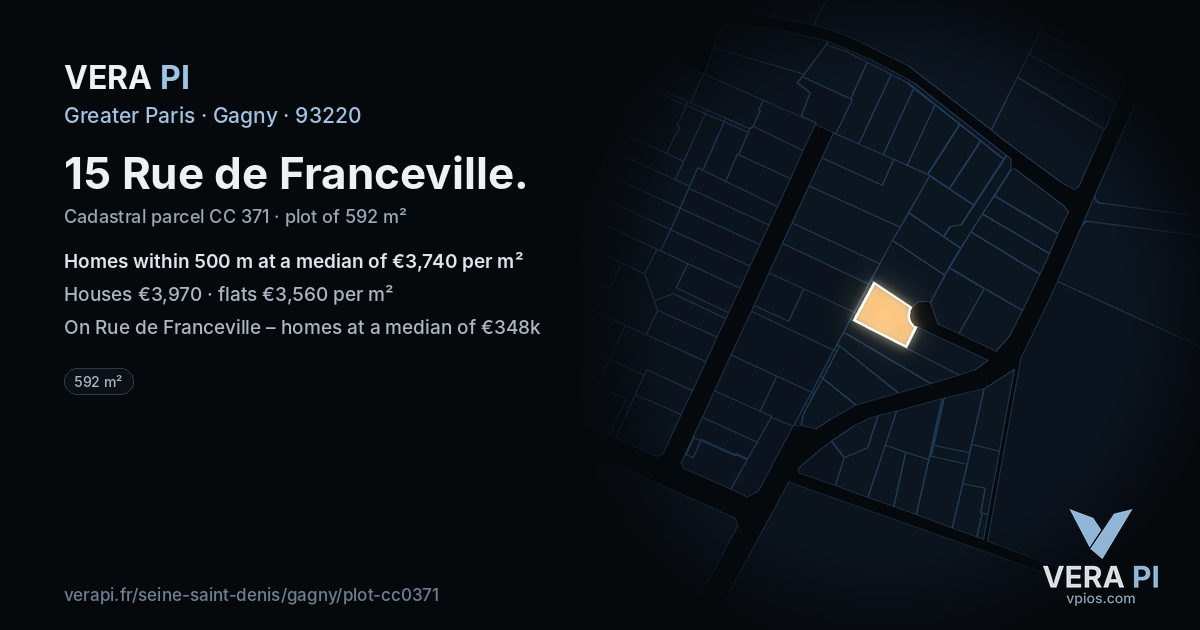 15 Rue de Franceville, Gagny at night – the plot lit, the parcels around coloured by the prices near them