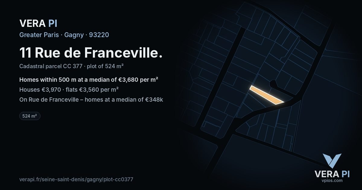 11 Rue de Franceville, Gagny at night – the plot lit, the parcels around coloured by the prices near them