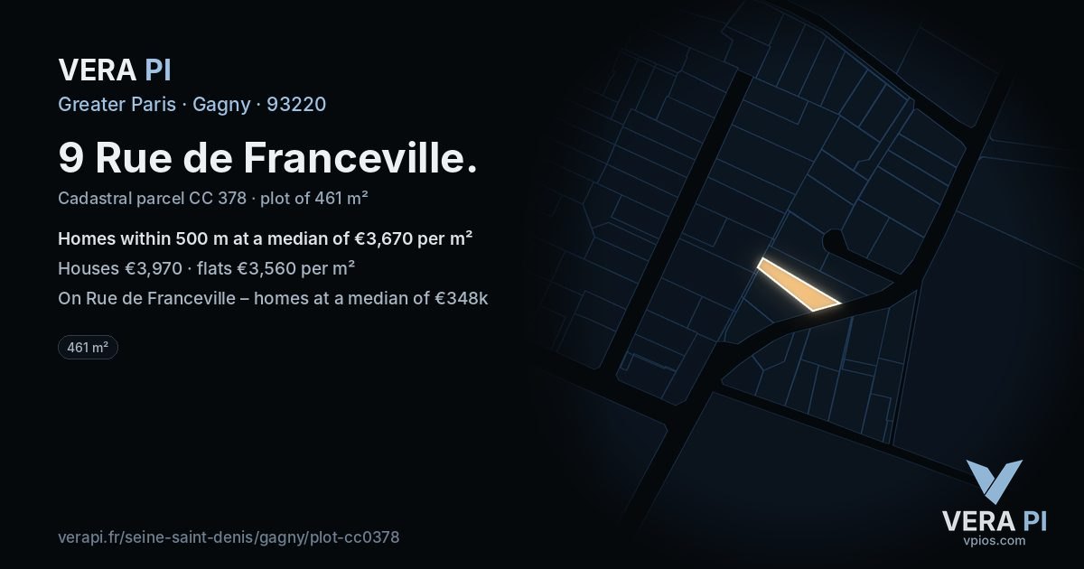 9 Rue de Franceville, Gagny at night – the plot lit, the parcels around coloured by the prices near them
