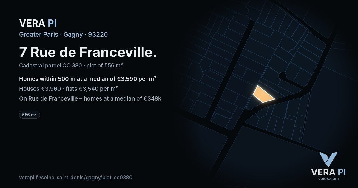 7 Rue de Franceville, Gagny at night – the plot lit, the parcels around coloured by the prices near them