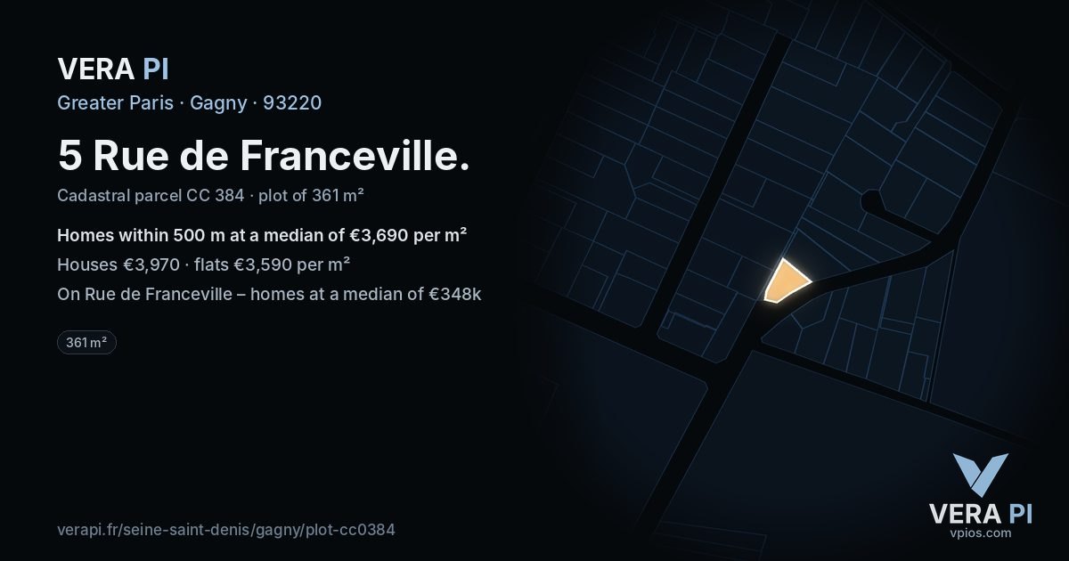 5 Rue de Franceville, Gagny at night – the plot lit, the parcels around coloured by the prices near them