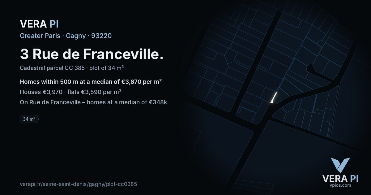 3 Rue de Franceville, Gagny at night – the plot lit, the parcels around coloured by the prices near them