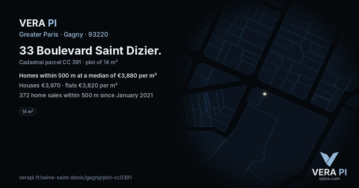 33 Boulevard Saint Dizier, Gagny at night – the plot lit, the parcels around coloured by the prices near them