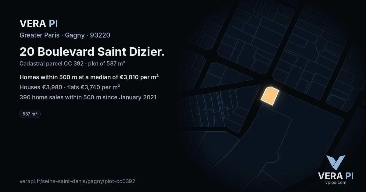 20 Boulevard Saint Dizier, Gagny at night – the plot lit, the parcels around coloured by the prices near them