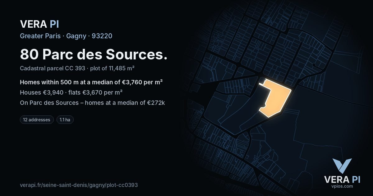 80 Parc des Sources, Gagny at night – the plot lit, the parcels around coloured by the prices near them