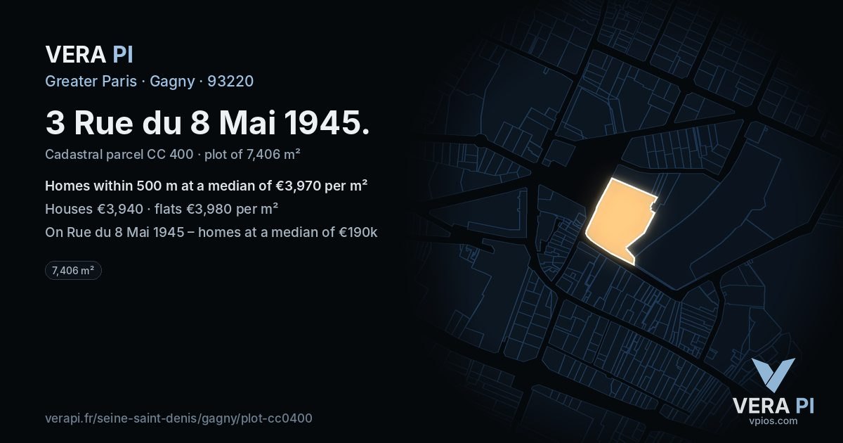 3 Rue du 8 Mai 1945, Gagny at night – the plot lit, the parcels around coloured by the prices near them