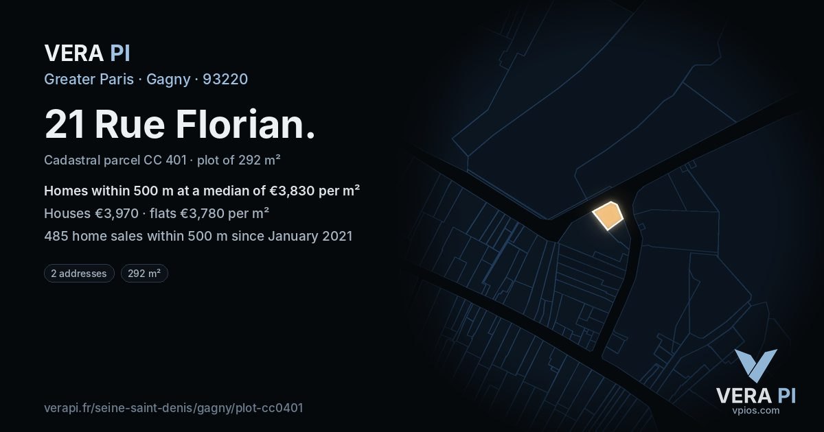 21 Rue Florian, Gagny at night – the plot lit, the parcels around coloured by the prices near them