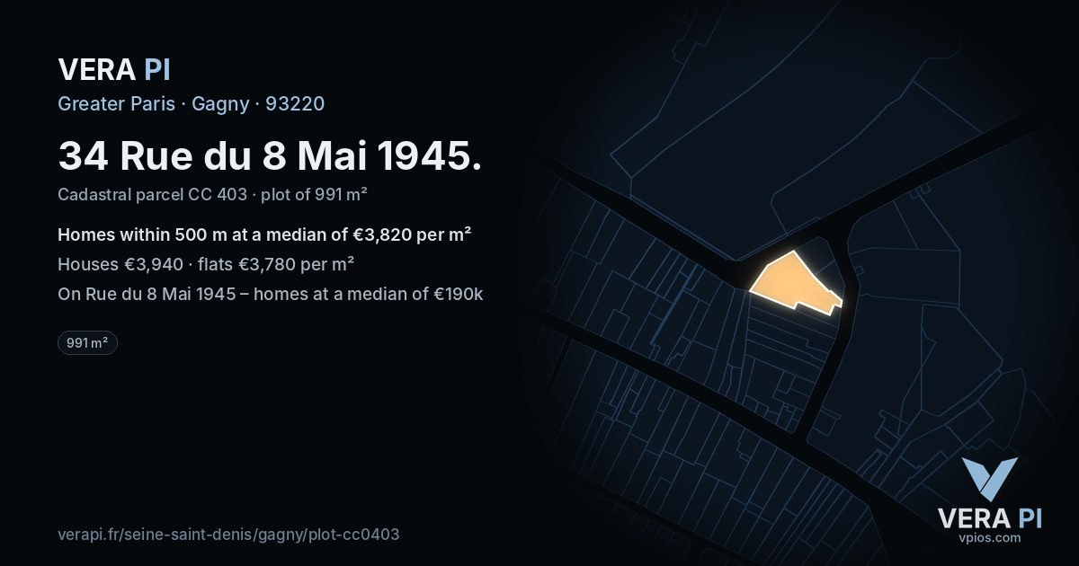 34 Rue du 8 Mai 1945, Gagny at night – the plot lit, the parcels around coloured by the prices near them