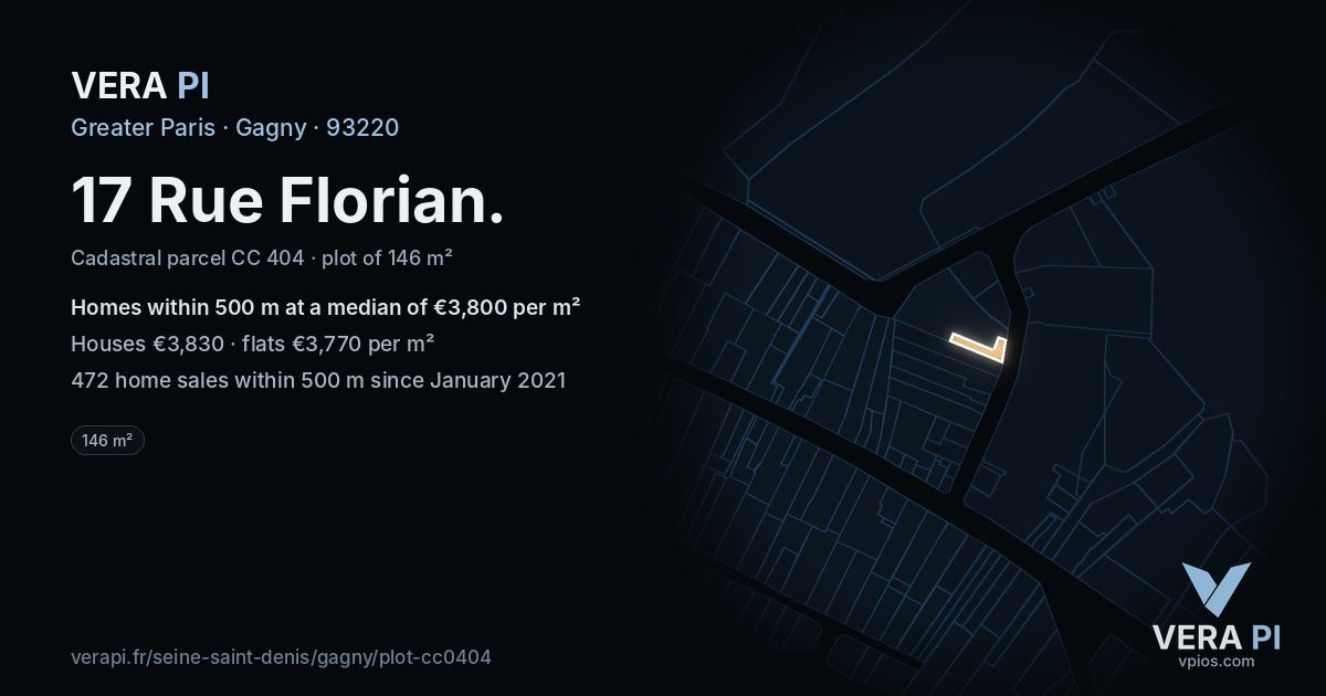 17 Rue Florian, Gagny at night – the plot lit, the parcels around coloured by the prices near them