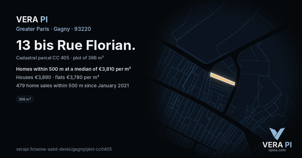 13 bis Rue Florian, Gagny at night – the plot lit, the parcels around coloured by the prices near them