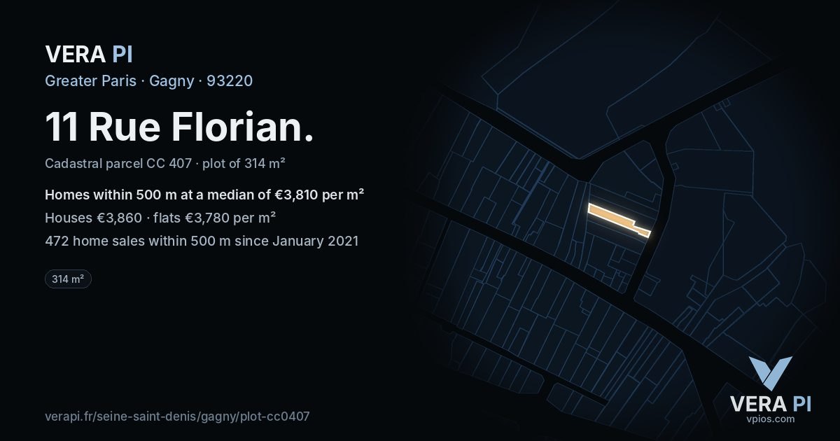 11 Rue Florian, Gagny at night – the plot lit, the parcels around coloured by the prices near them