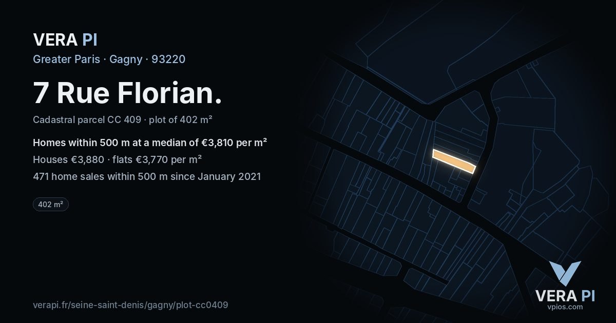 7 Rue Florian, Gagny at night – the plot lit, the parcels around coloured by the prices near them