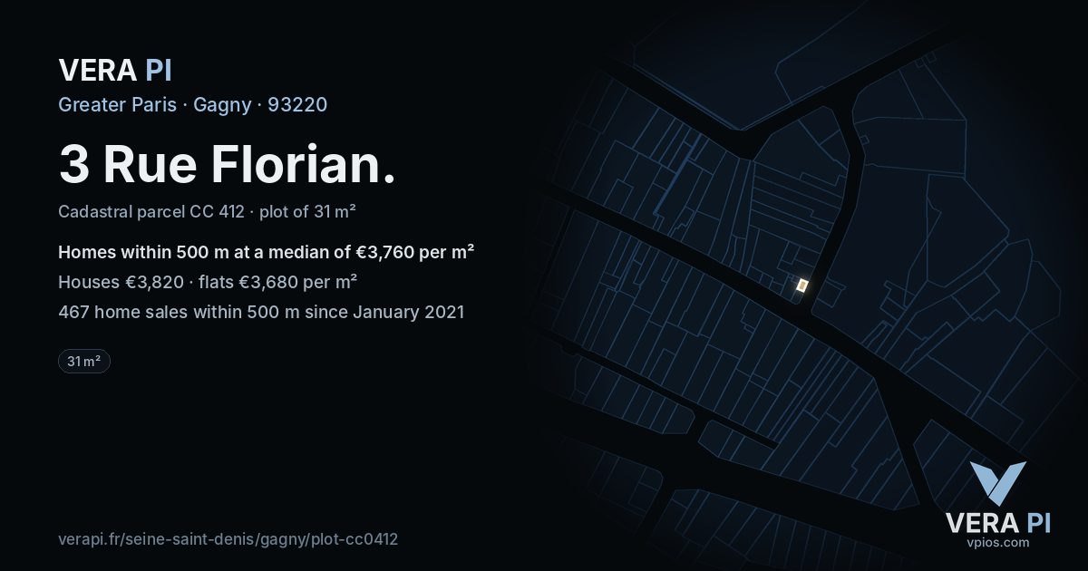 3 Rue Florian, Gagny at night – the plot lit, the parcels around coloured by the prices near them