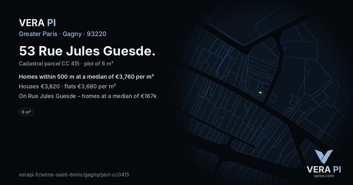 53 Rue Jules Guesde, Gagny at night – the plot lit, the parcels around coloured by the prices near them
