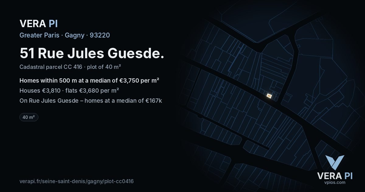 51 Rue Jules Guesde, Gagny at night – the plot lit, the parcels around coloured by the prices near them