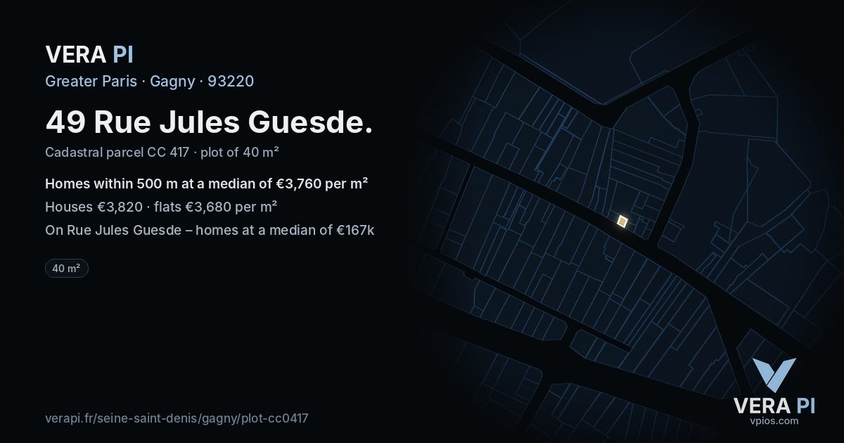 49 Rue Jules Guesde, Gagny at night – the plot lit, the parcels around coloured by the prices near them