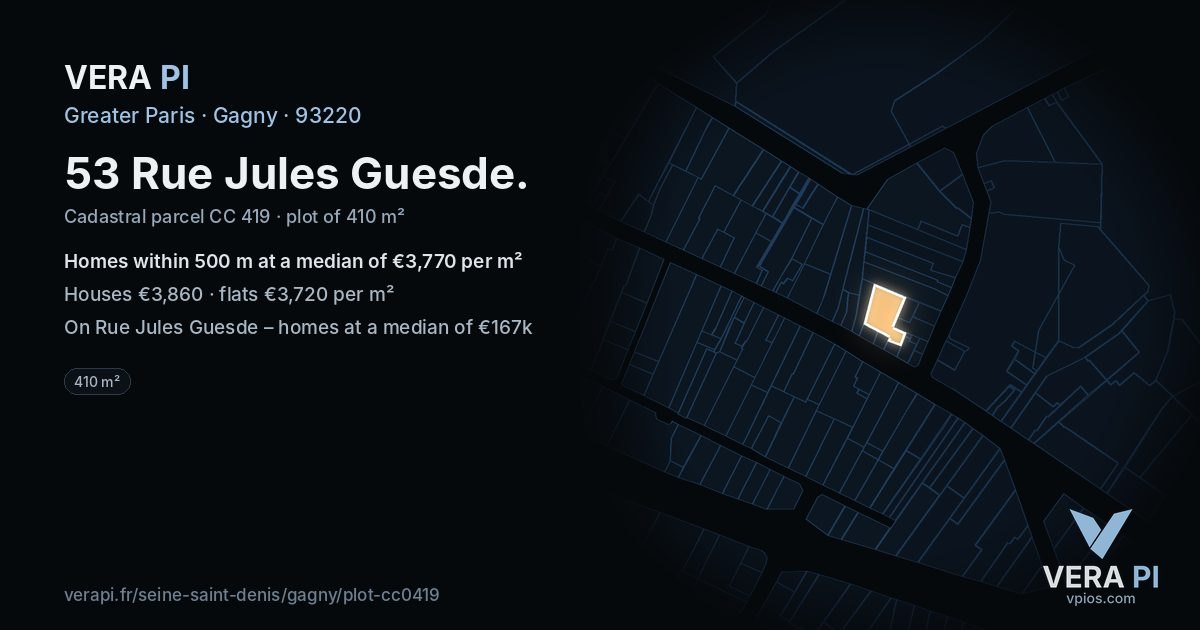 53 Rue Jules Guesde, Gagny at night – the plot lit, the parcels around coloured by the prices near them