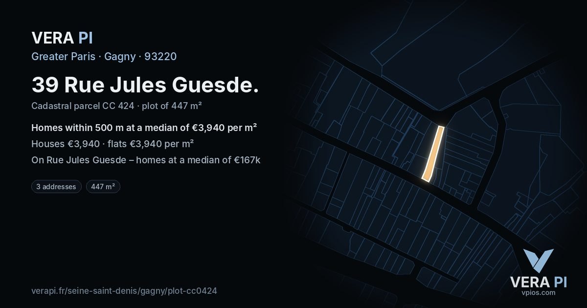 39 Rue Jules Guesde, Gagny at night – the plot lit, the parcels around coloured by the prices near them