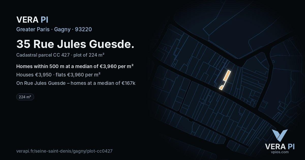 35 Rue Jules Guesde, Gagny at night – the plot lit, the parcels around coloured by the prices near them