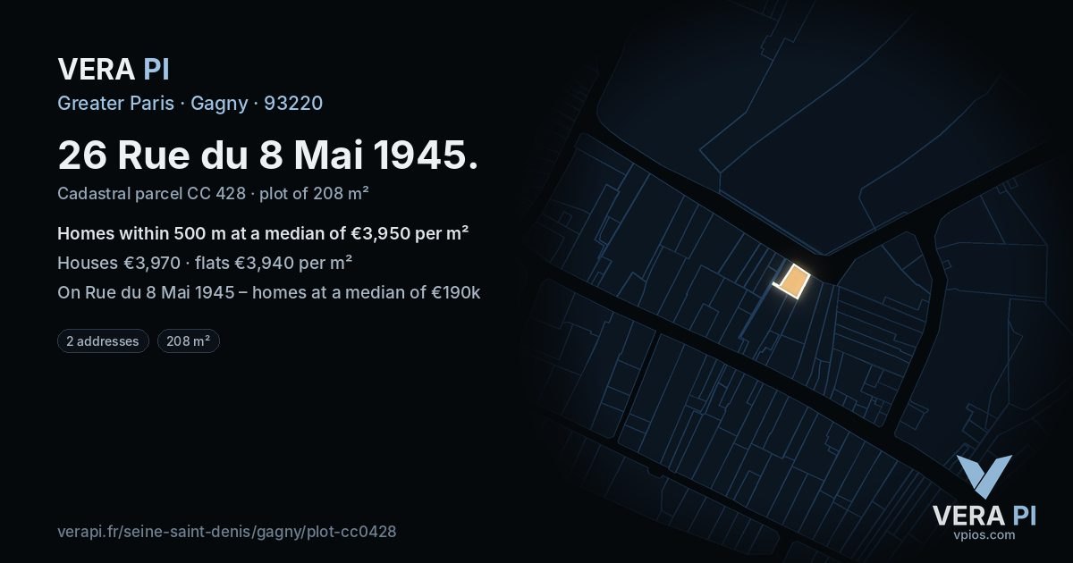 26 Rue du 8 Mai 1945, Gagny at night – the plot lit, the parcels around coloured by the prices near them