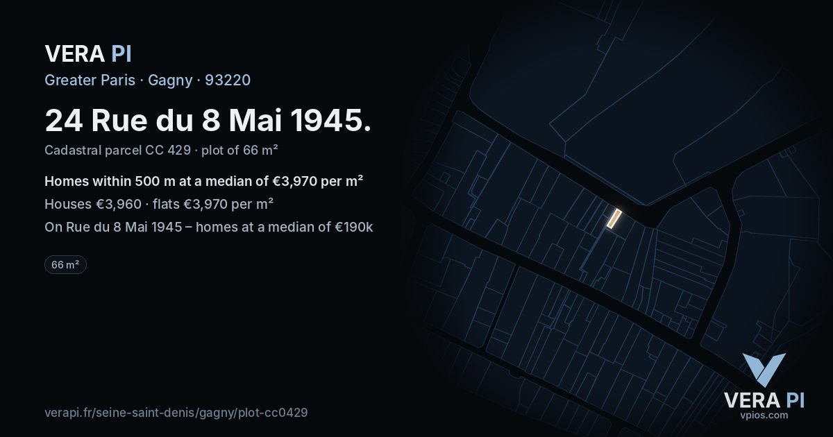 24 Rue du 8 Mai 1945, Gagny at night – the plot lit, the parcels around coloured by the prices near them